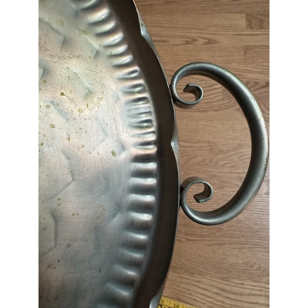 Vintage Gregorian Copper Hammered Rose Tray Scroll Handles Mid Century USA